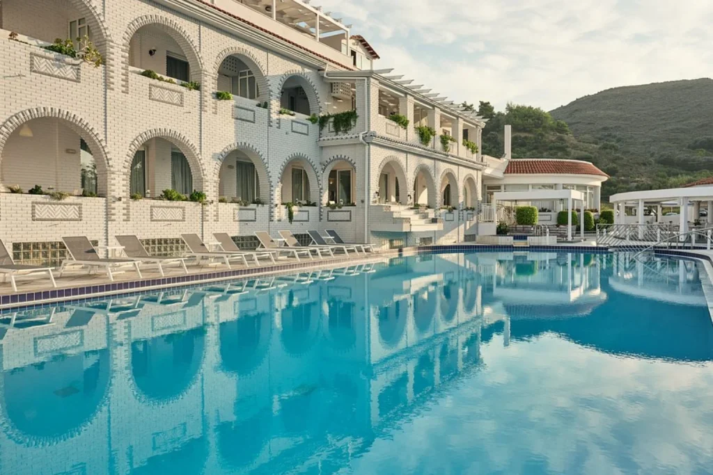 Large outdoor swimming pool with sun loungers and white arched hotel buildings at Meandros Boutique & Spa Hotel, Kalamaki