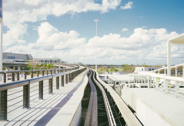 monorail at Orlando airport in morning sunlight